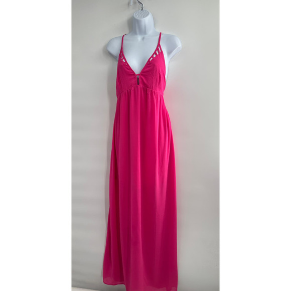 Lush Hot Pink Lasercut Strappy Crisscross Back Overlay Maxi Dress LargeNWOT - Picture 6 of 8